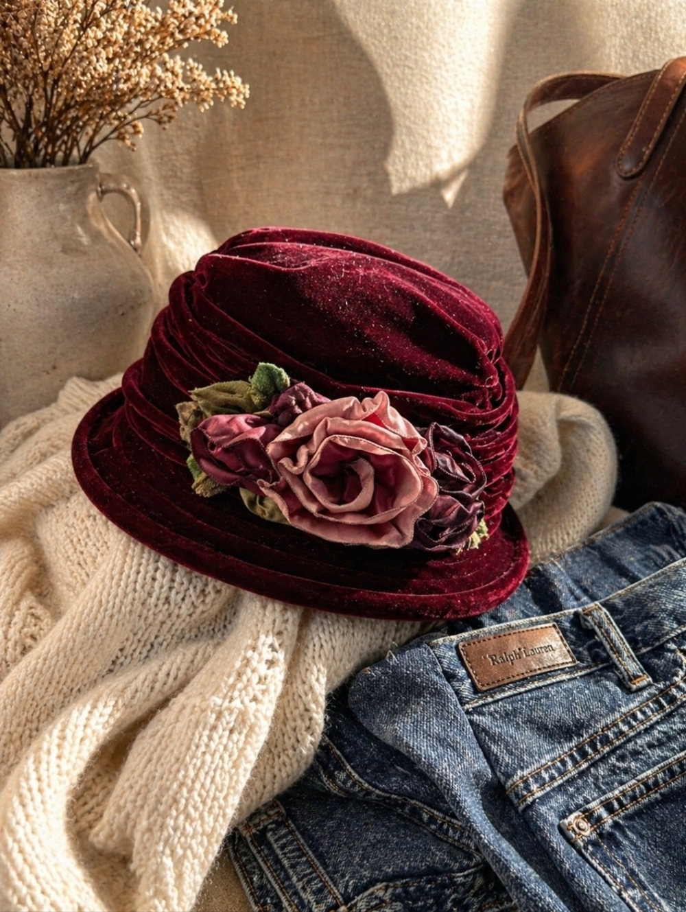 Hopeless Romantic Burgundy Velvet Cloche Hat Floral Made USA Victorian Romantic